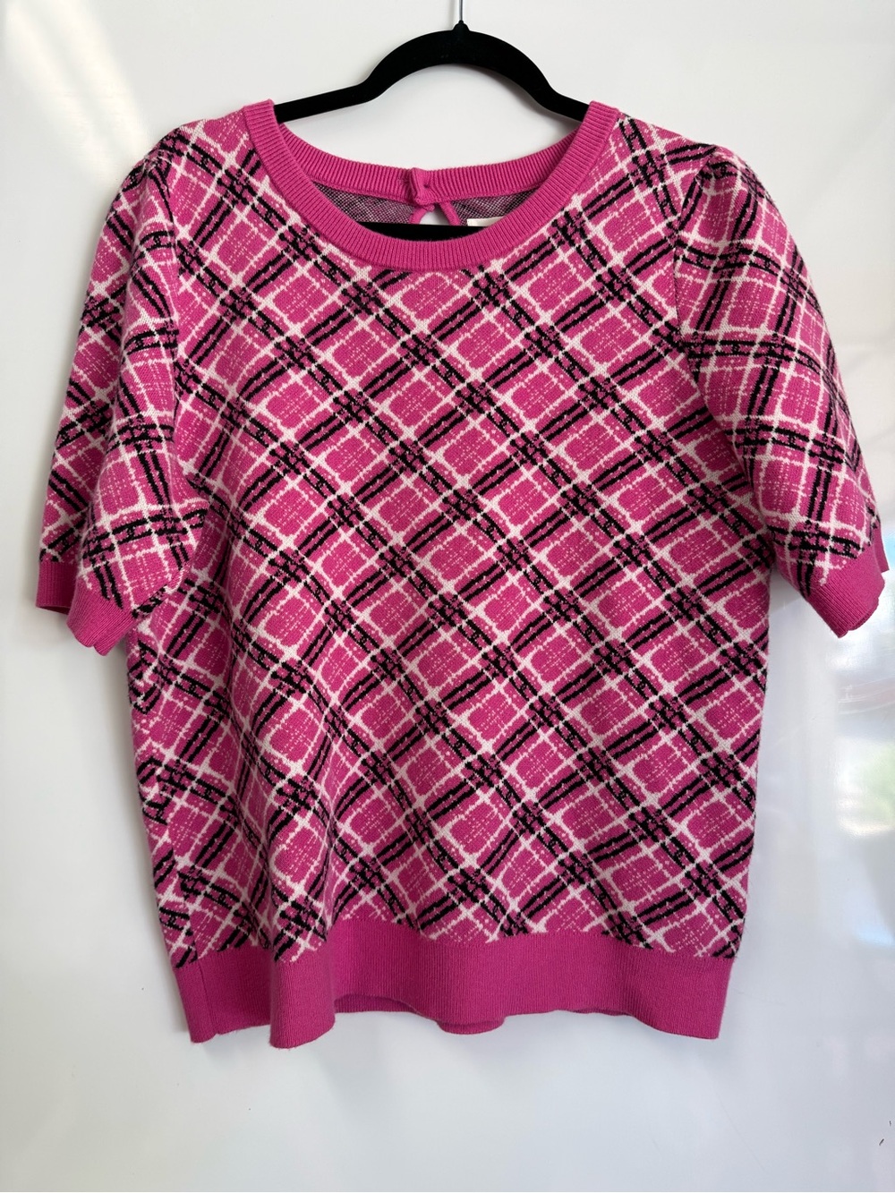 Maeve Anthropologie Knit Top Large Pink Plaid Harmon Jacquard Sweater Preppy